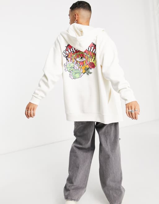 ASOS DESIGN - Oversized hoodie met rits en tatoeageprint op de achterkant in gebroken wit