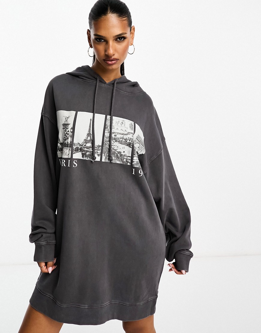 ASOS DESIGN oversized hoodie sweat mini dress with Paris graphic detail-Black