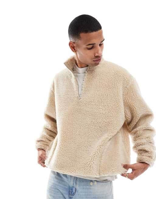 ASOS DESIGN - Oversized hoodie van borg met kwartrits in ecru