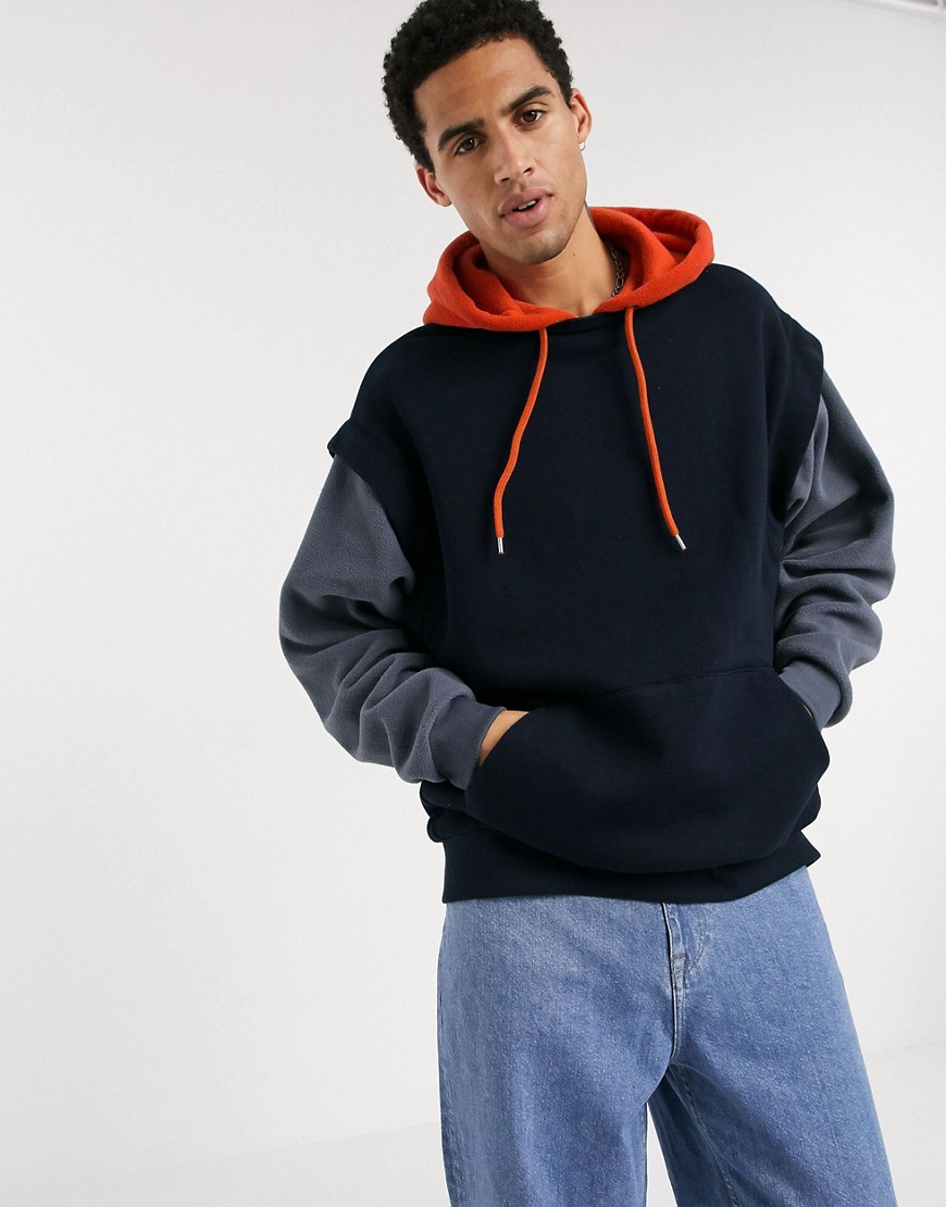 ASOS DESIGN - Oversized hoodie van gemixte sweatstof en polar fleece met dubbele laag in collegekleuren-Grijs