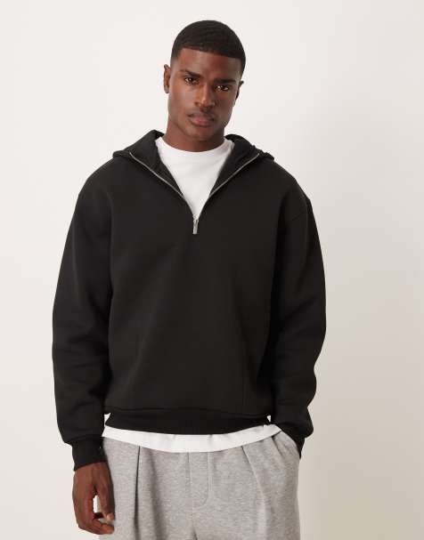 ASOS DESIGN - Oversized hoodie van zware scuba-achtige stof met korte rits en opstaande boord in zwart - view 1