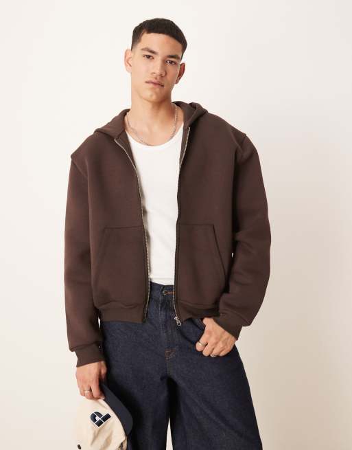 ASOS DESIGN - Oversized hoodie van zware scubastof met rits en rechte pasvorm in bruin