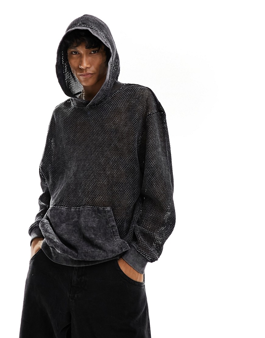 ASOS DESIGN oversized hoodie with all over net detail in washed black