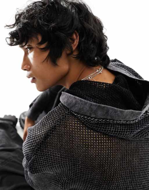 ASOS DESIGN oversized hoodie with all over net detail in washed black, 2 of 4