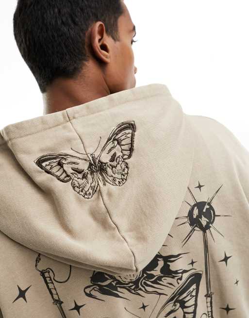 ASOS DESIGN oversized hoodie with back print and butterfly embroidered hood  in brown