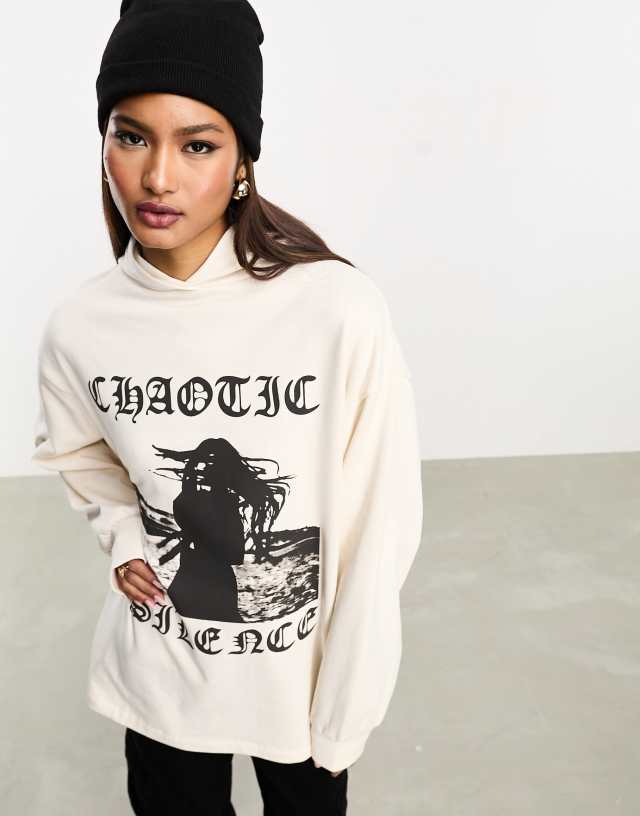 ASOS DESIGN - oversized hoodie with chaotic silence indie graphic in neutral