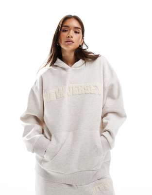 Asos Design Oversized Hoodie With Chenille New Jersey Graphic In Oatmeal Heather-gray