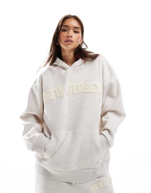 ASOS DESIGN oversized hoodie with chenille New Jersey graphic in oatmeal marl (part of a set)