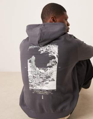 ASOS DESIGN oversized hoodie with chest and back print in charcoal-Black