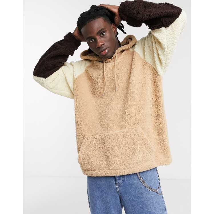 ASOS DESIGN oversized hoodie with color blocking in brown teddy borg