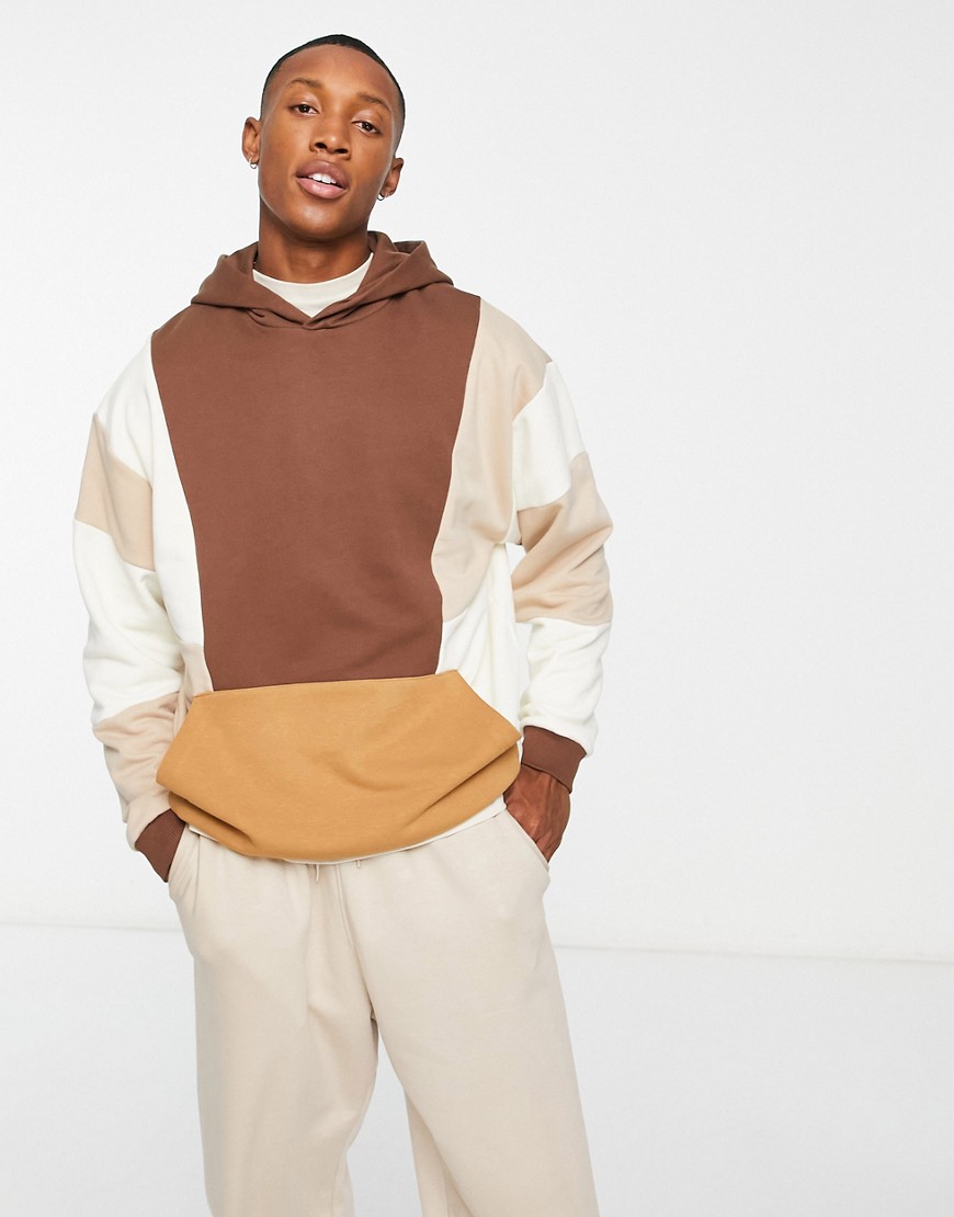ASOS DESIGN oversized hoodie with colour block in brown-Multi
