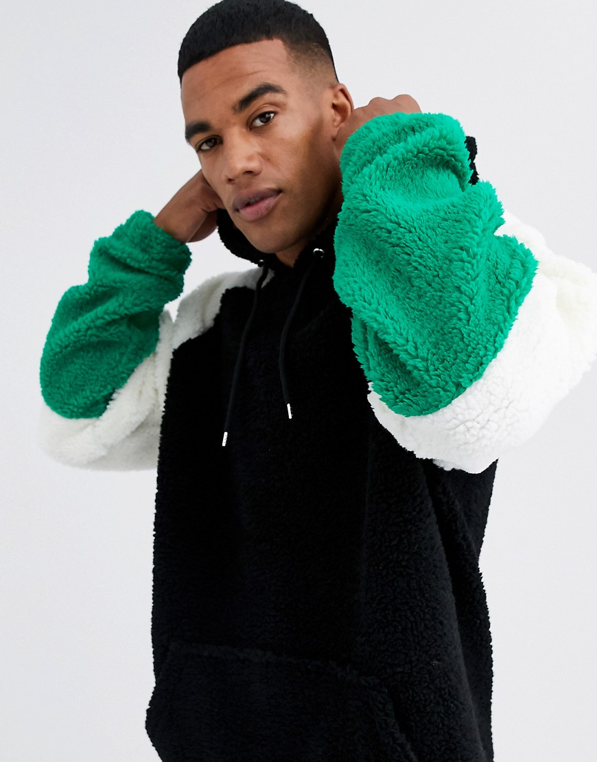 ASOS DESIGN oversized hoodie with colour blocking in black teddy borg