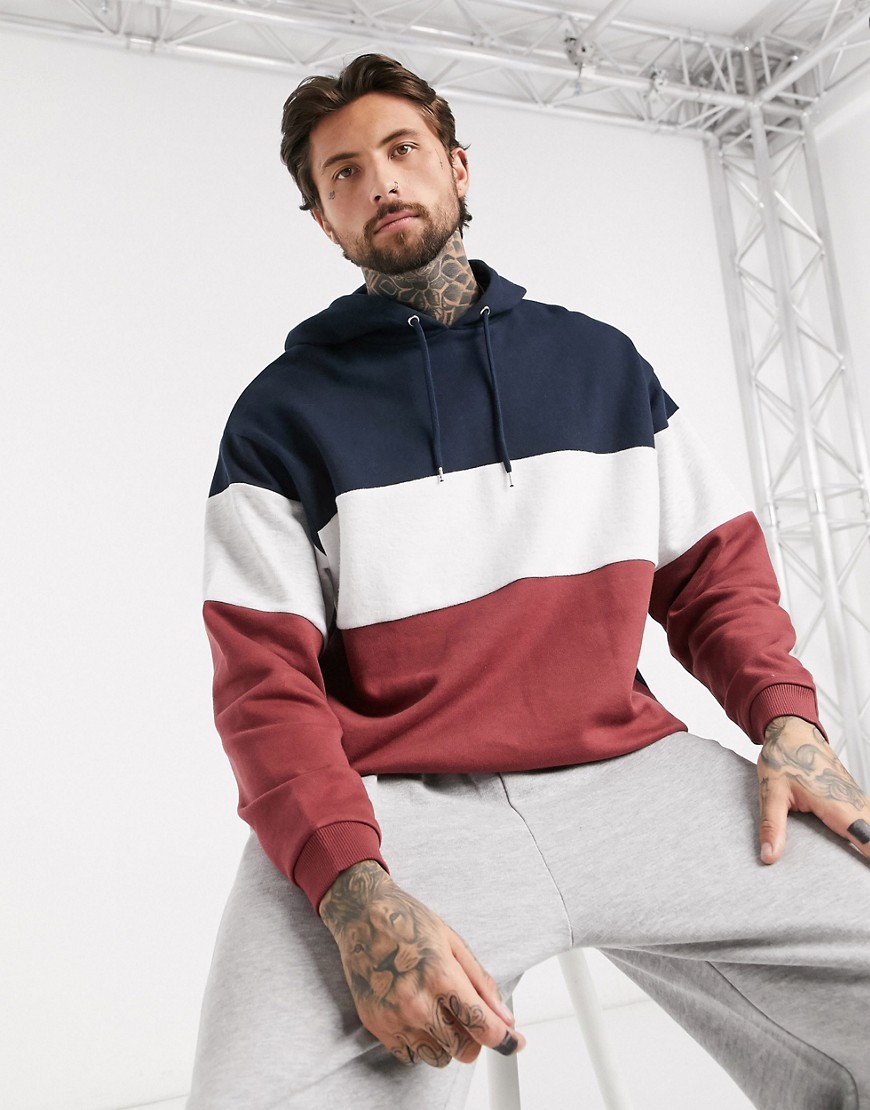 ASOS DESIGN oversized hoodie with colour blocking in navy grey & burgundy