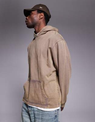 oversized hoodie with cut and sew detail in washed brown