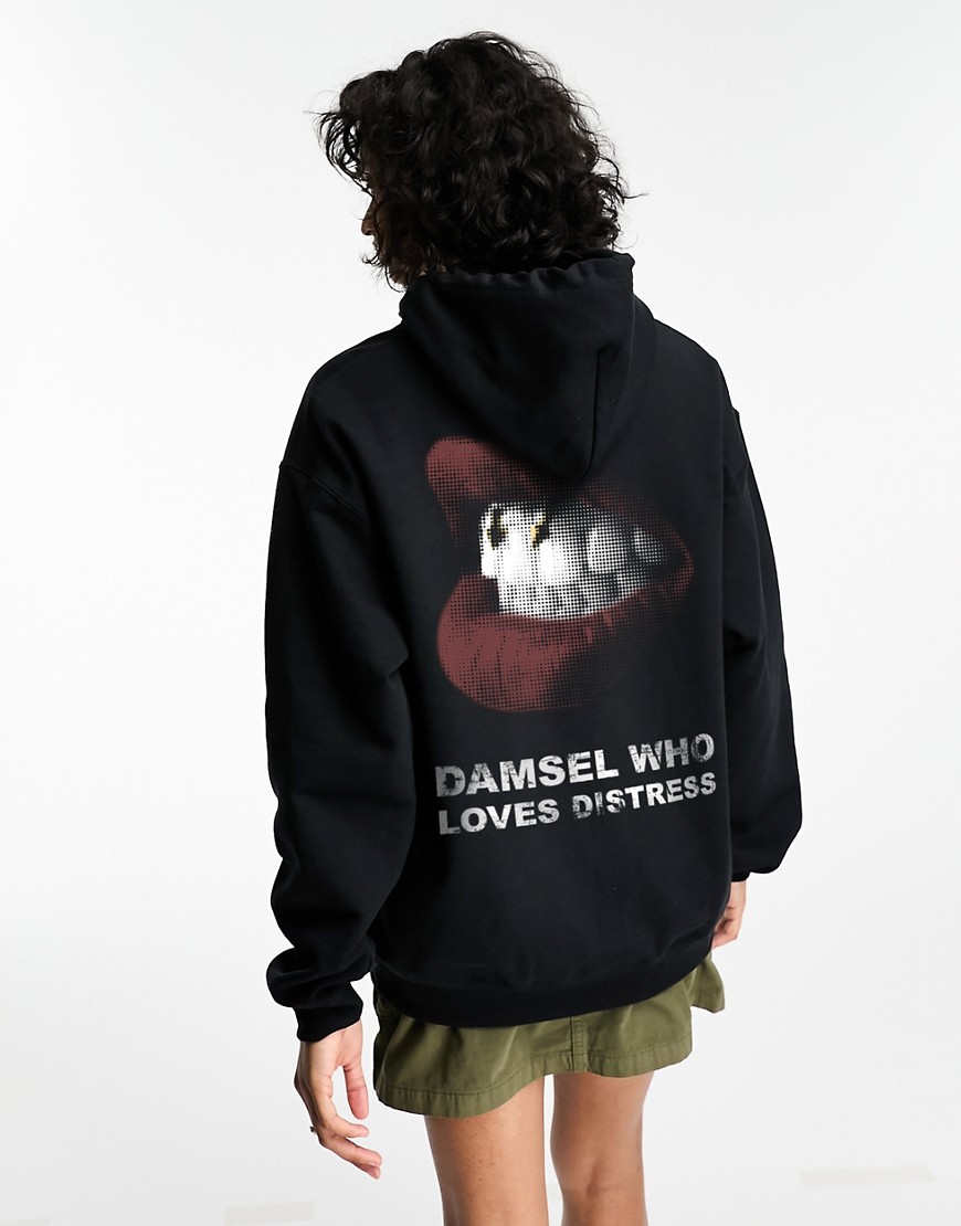 ASOS DESIGN oversized hoodie with damsel who loves distress graphic in black