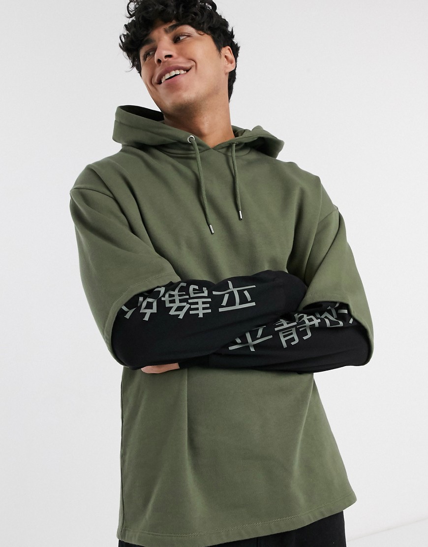 ASOS DESIGN oversized hoodie with double layer & multi placement print-Green