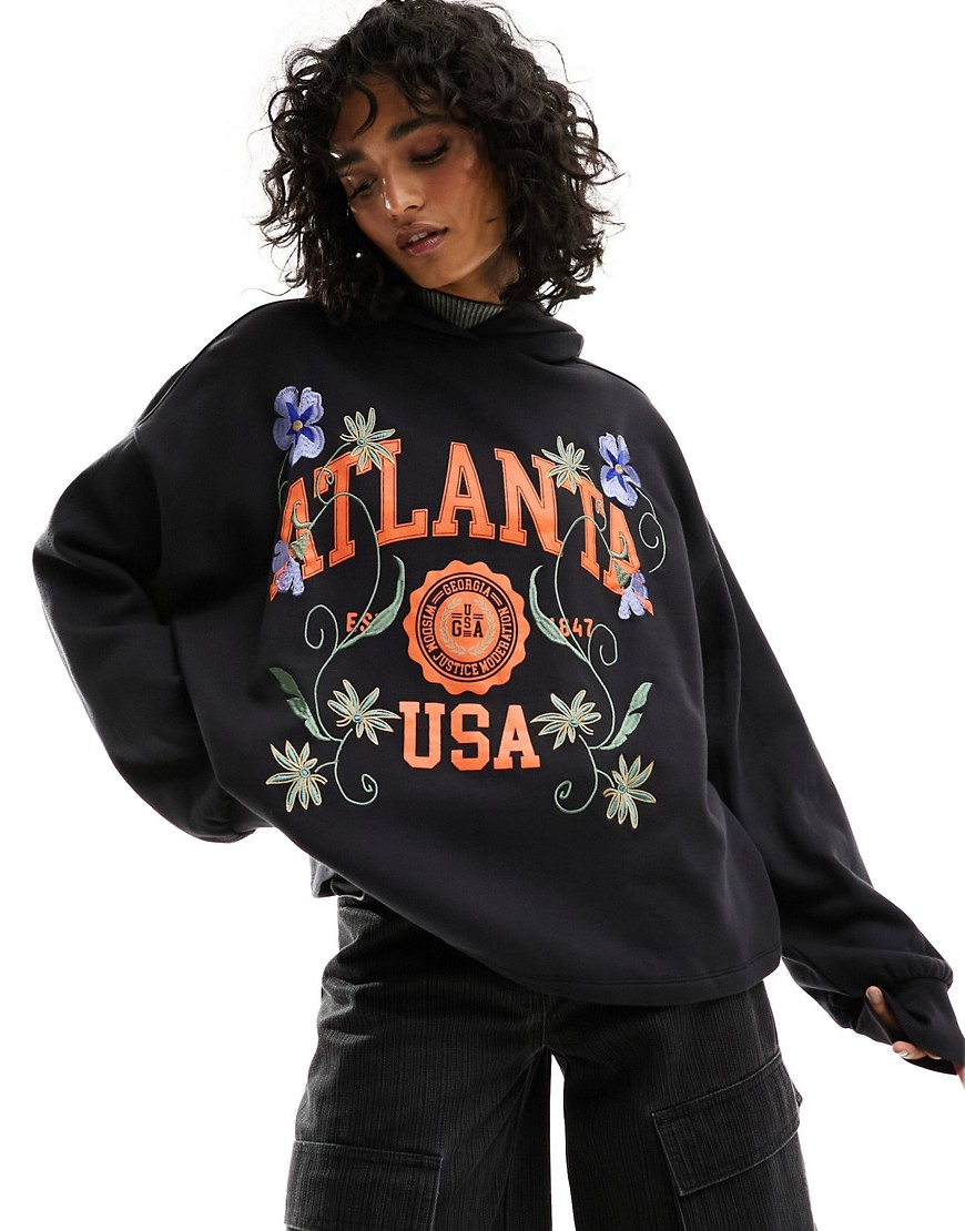 ASOS DESIGN oversized hoodie with embroidered atlanta graphic in black