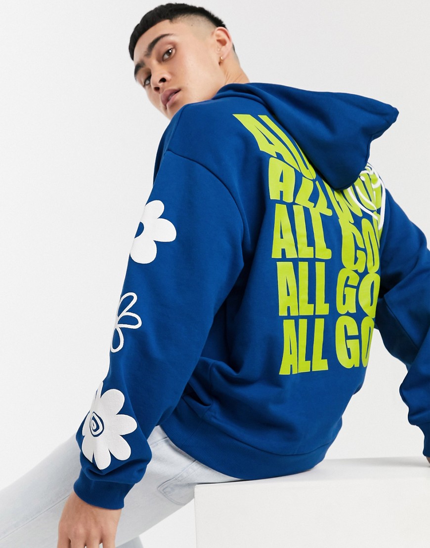 ASOS DESIGN oversized hoodie with flecked drawcords and face logo-Blues
