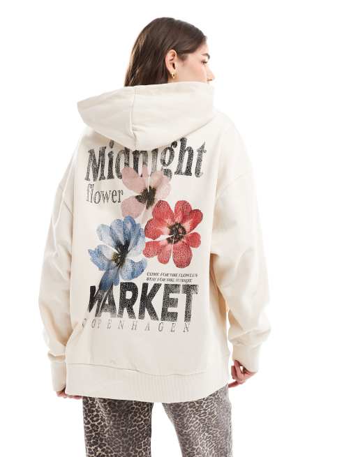 ASOS DESIGN oversized hoodie with flower market graphic in cream, 4 of 4