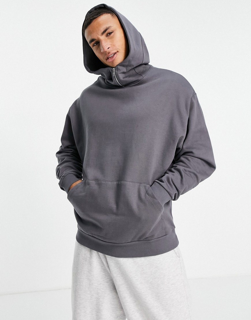 ASOS DESIGN oversized hoodie with funnel neck and half zip in dark gray-Black