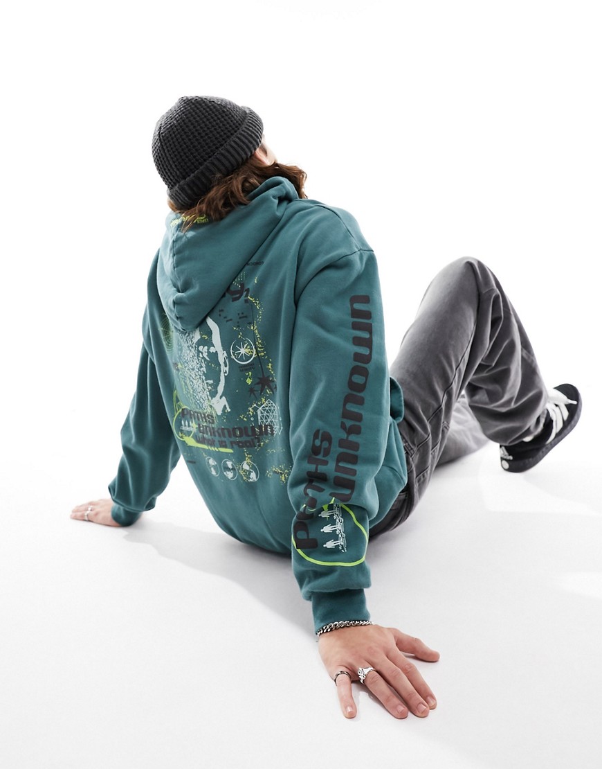 ASOS DESIGN oversized hoodie with large back print and hood embroidery in green