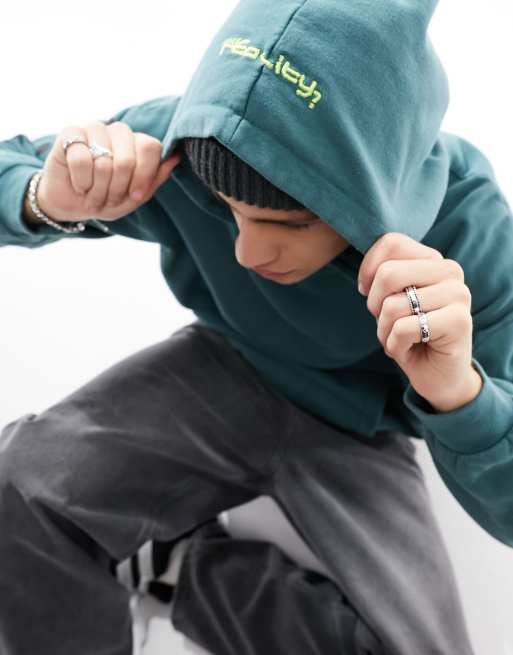 ASOS DESIGN oversized hoodie with large back print and hood embroidery in green, 3 of 4