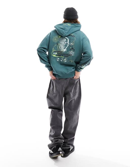 ASOS DESIGN oversized hoodie with large back print and hood embroidery in green, 4 of 4
