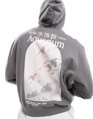 oversized hoodie with photographic back print in charcoal-Gray