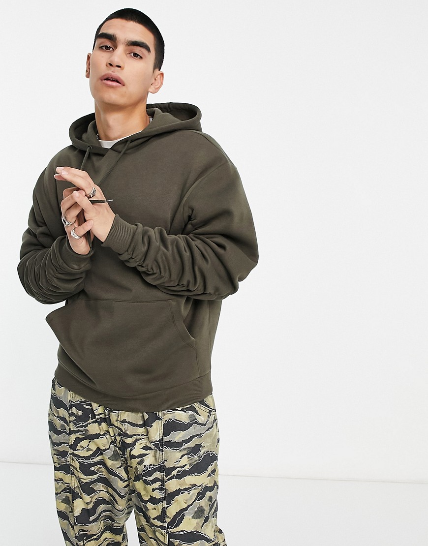 ASOS DESIGN oversized hoodie with ruched sleeves in brown-Black