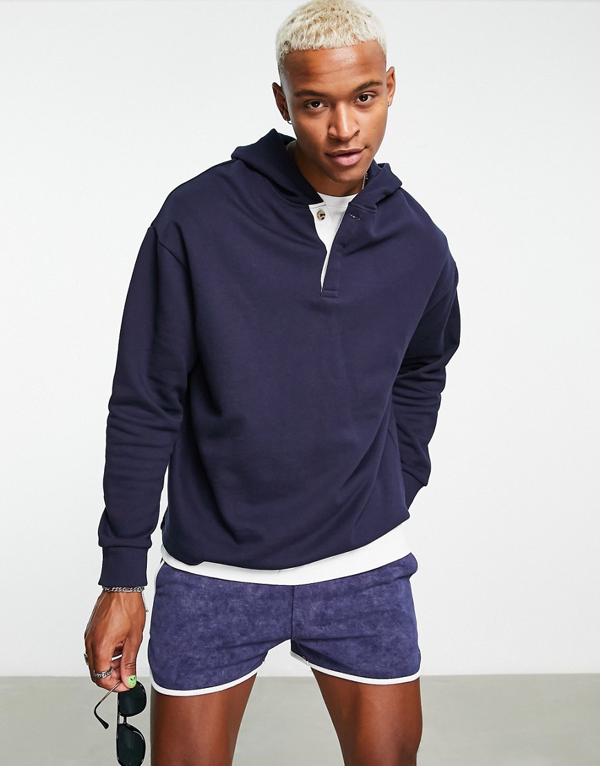 ASOS DESIGN oversized hoodie with rugby neck in navy