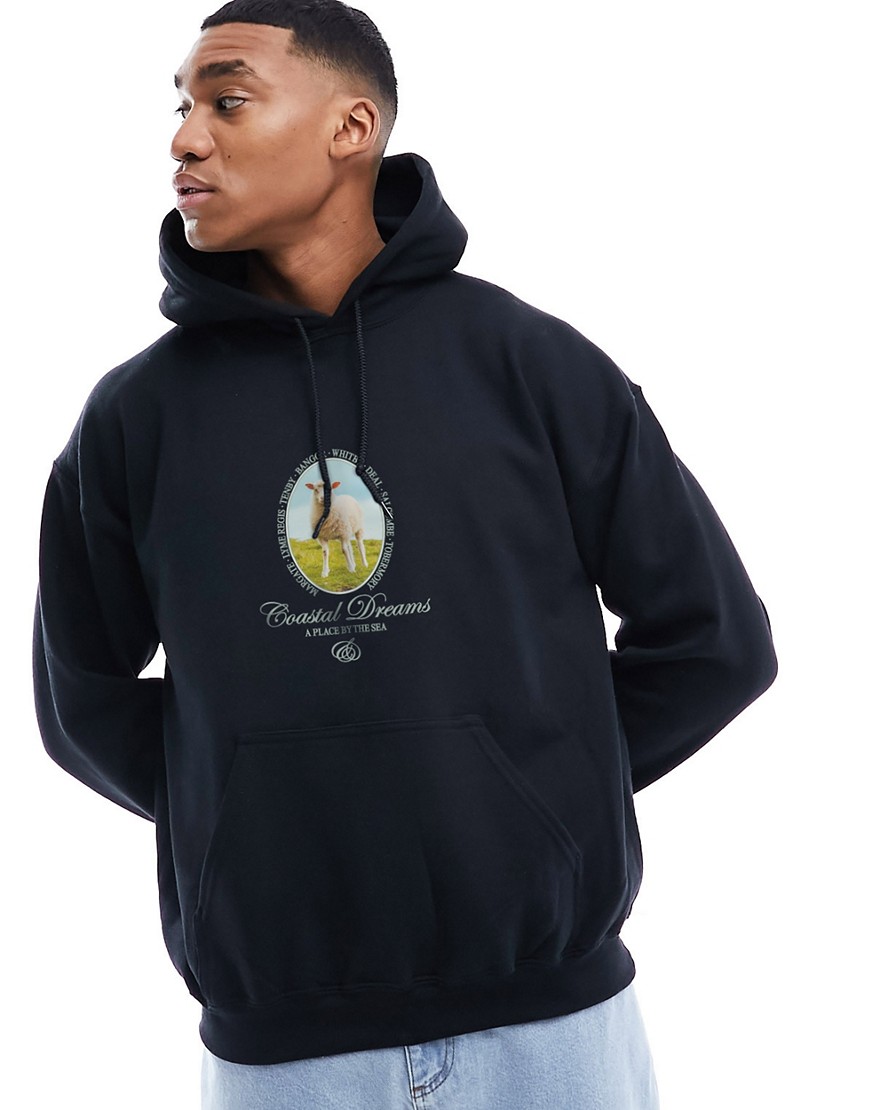 ASOS DESIGN oversized hoodie with scenic text prints in black