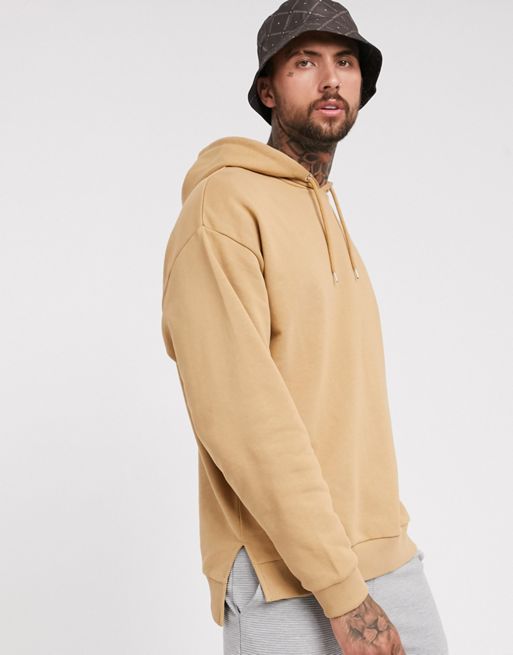 ASOS DESIGN oversized hoodie with split and dropped hem in tan | ASOS