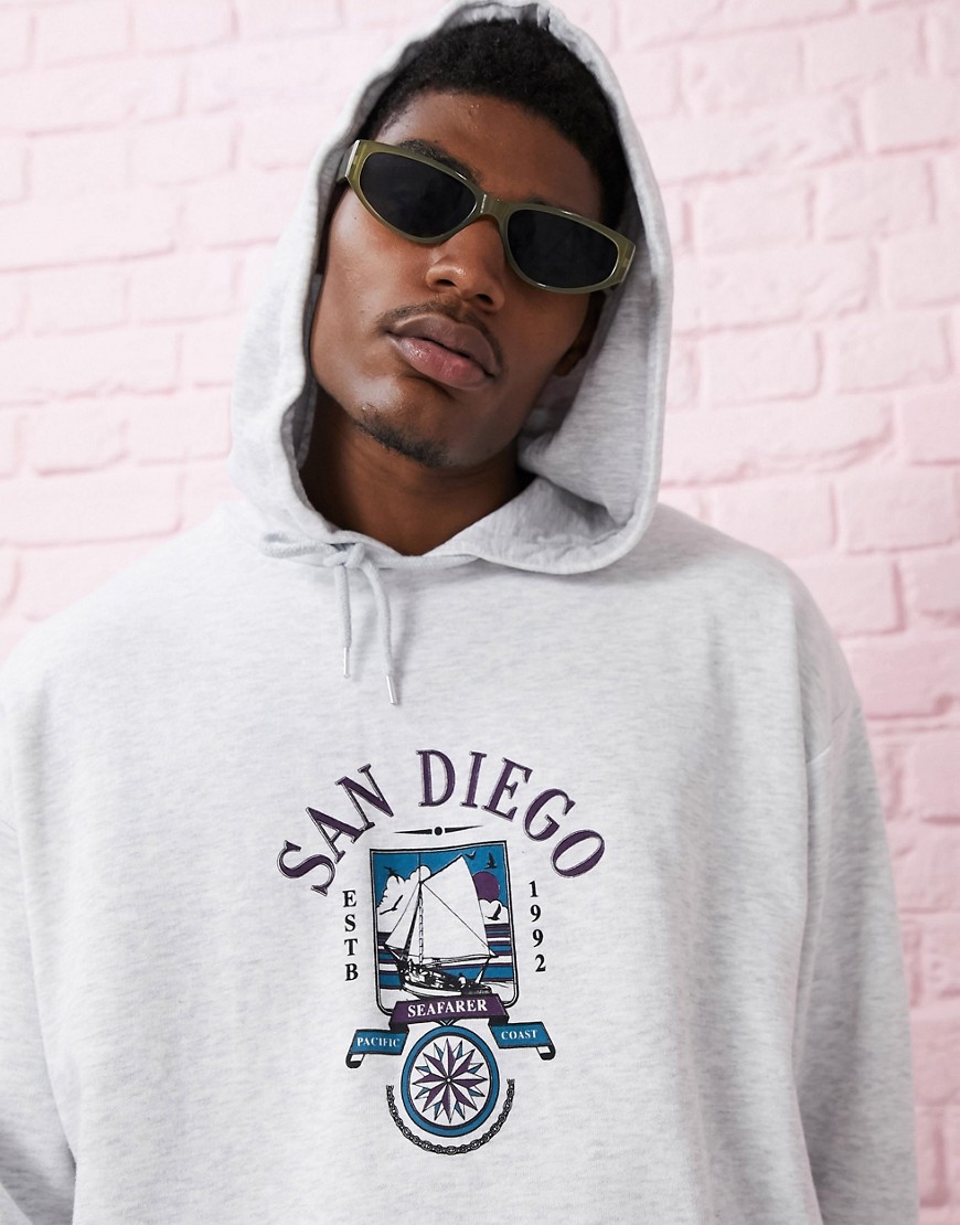 ASOS DESIGN oversized hoodie with vintage style city print in white marl