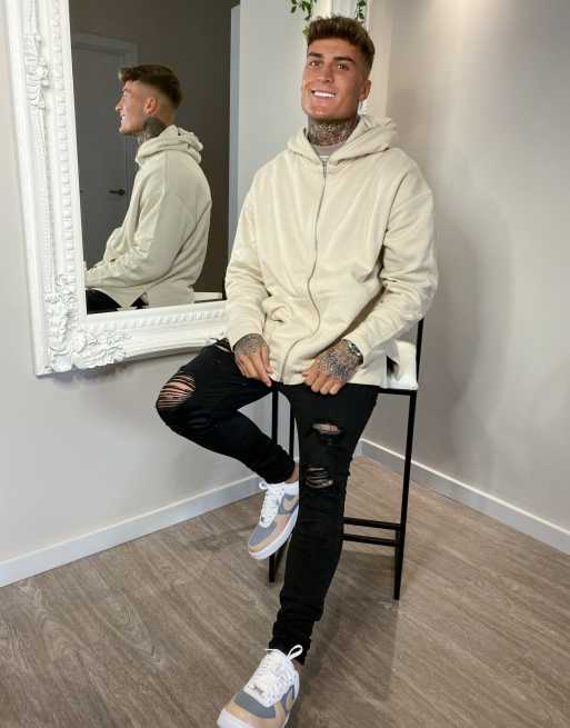 ASOS DESIGN oversized hoodie with zip through in beige