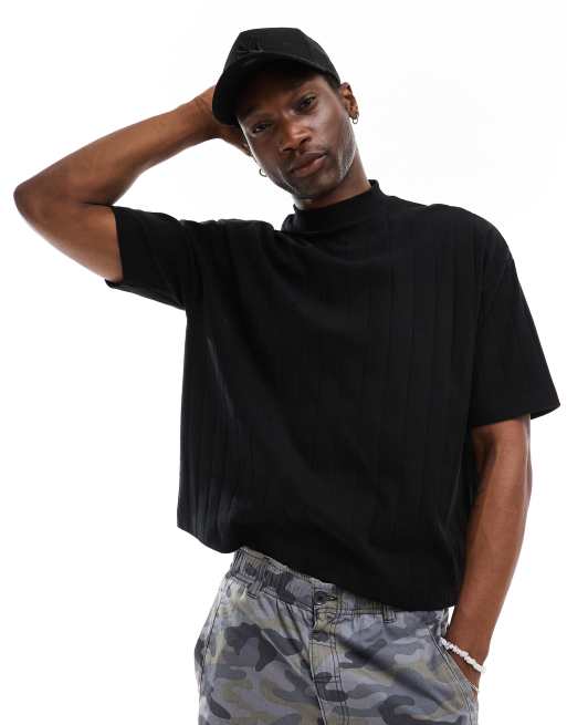ASOS DESIGN - Oversized hoogsluitend recht geribbeld T-shirt in zwart, 2 van 4