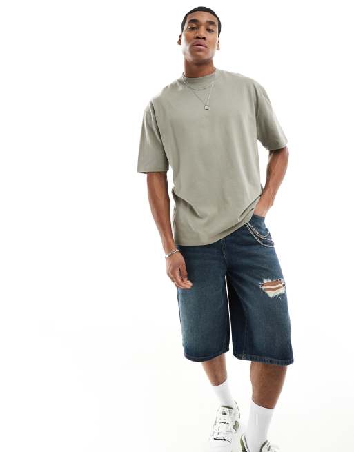ASOS DESIGN - Oversized hoogsluitend T-shirt van 240g/m² zware stof in kaki