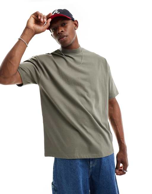 ASOS DESIGN - Oversized hoogsluitend T-shirt van 240g/m² zware stof in kaki