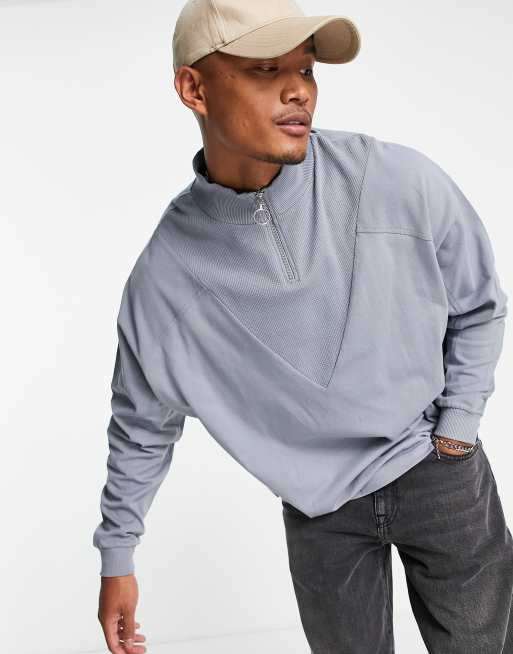 ASOS DESIGN - Oversized hoogsluitend T-shirt van zware jersey met lange mouwen en opstaande boord in grijs