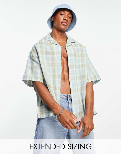 ASOS DESIGN - Oversized hørskjorte med blå og brune tern i firkantet pasform