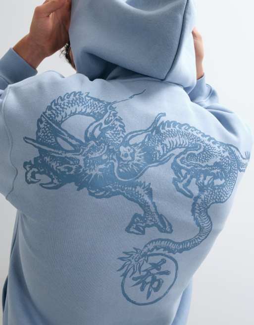 ASOS DESIGN oversized hættetrøje med drageprint i blå, 3 af 5
