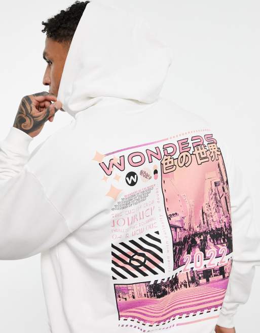 ASOS DESIGN - Oversized hættetrøje med fotoprint på ryggen i hvid