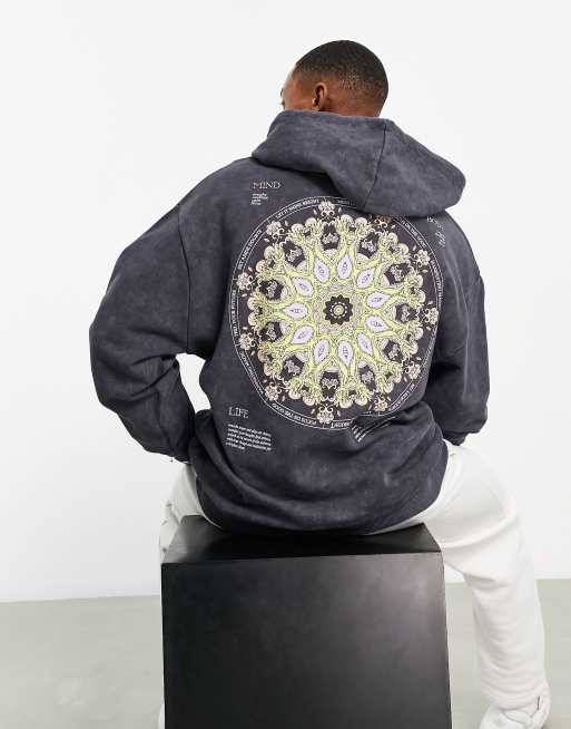 ASOS DESIGN - Oversized hættetrøje med gobelinprint foran og bagpå i vasket koksgrå