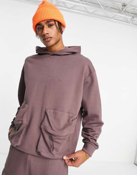 ASOS DESIGN - Oversized hættetrøje med kængurulommer med lynlås i brun vask - Del af sæt - view 1