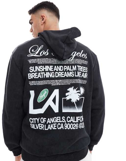 ASOS DESIGN - Oversized hættetrøje med 'Los Angeles'-tekstprint i forvasket sort