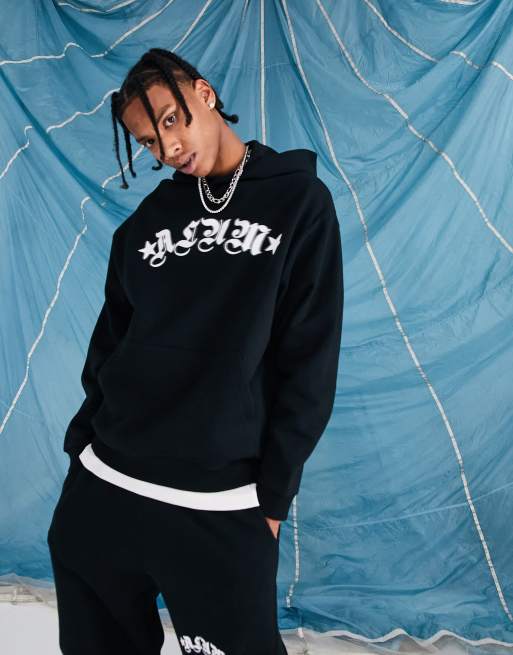 ASOS DESIGN - Oversized hættetrøje med tekstprint foran i sort - Del af sæt
