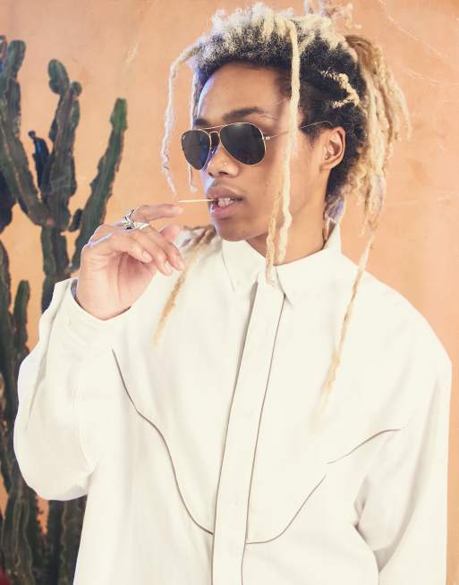 ASOS DESIGN - Oversized, hvid denimskjorte med brune western-striber