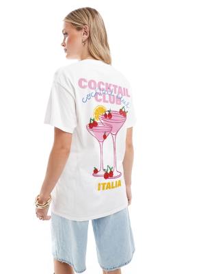 Asos Design - Oversized Hvid T-Shirt Med Grafisk 'Cocktail Club'-Print