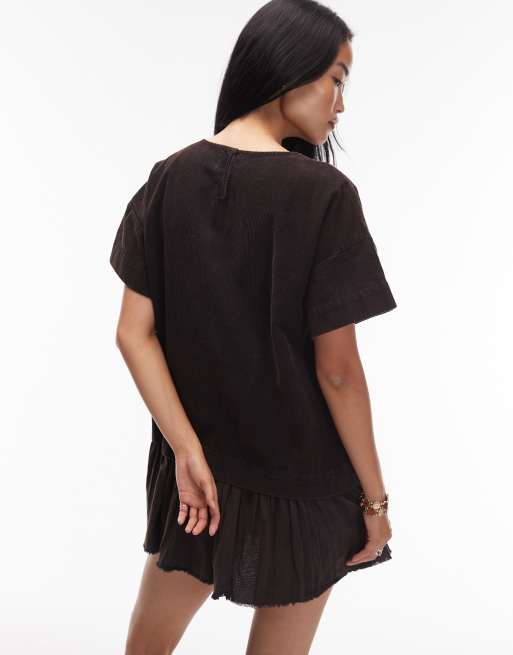 ASOS DESIGN - Oversized hybride corduroy mini T-shirtjurk in zwart met wassing, 2 van 4