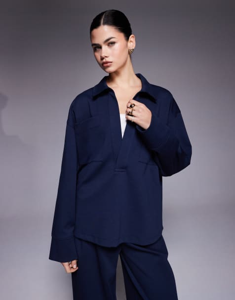 ASOS DESIGN oversized interlock shirt with pocket detail in navy - part of a set - view 1