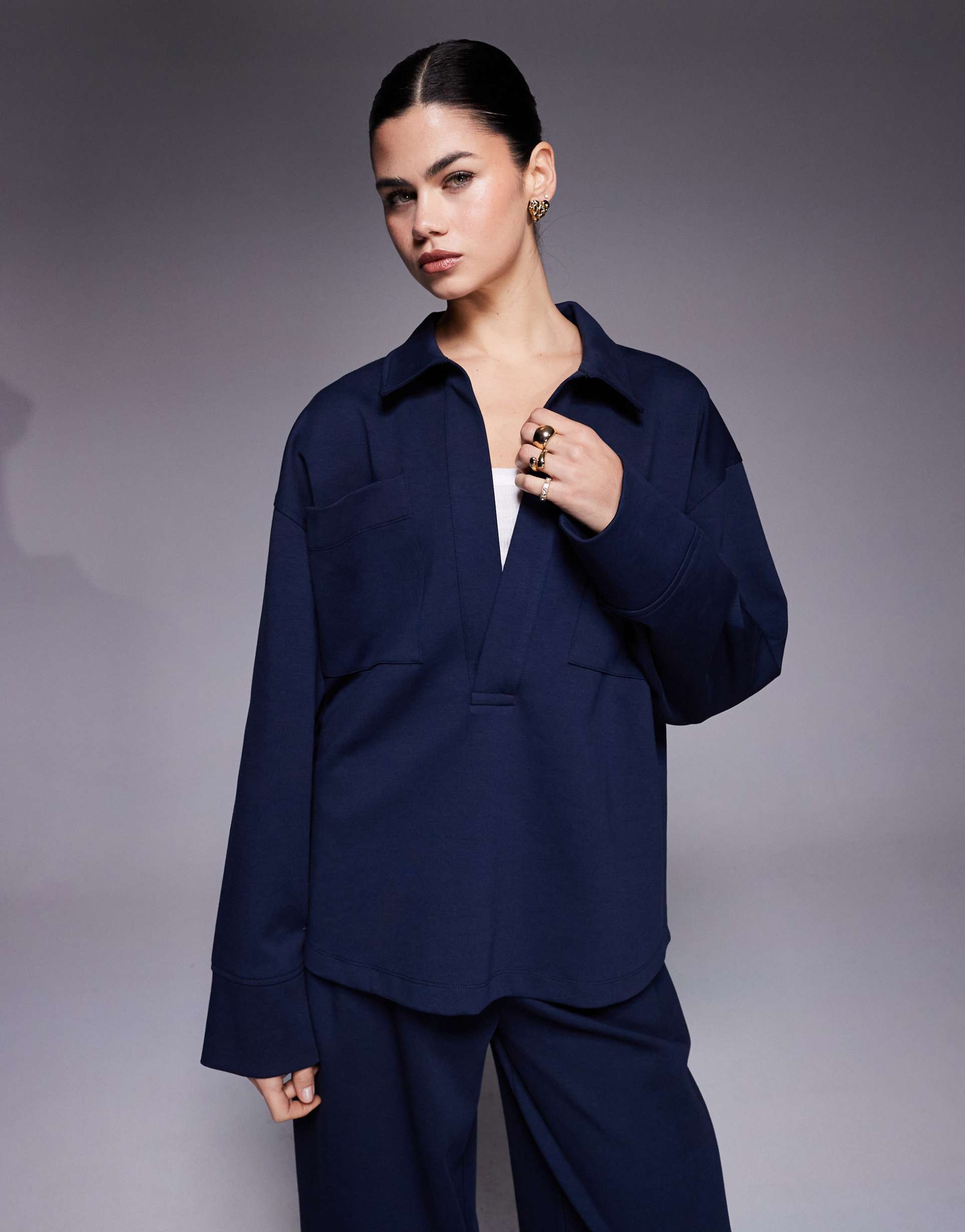 asos design oversized interlock shirt with pocket detail in navy - part of a set